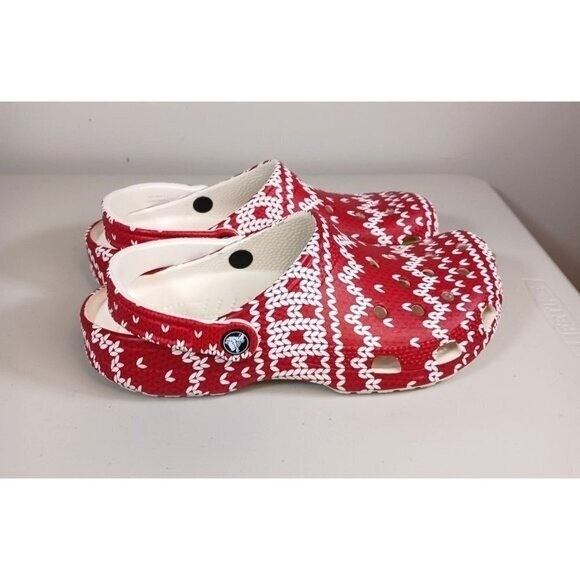 Crocs Ugly Christmas Classic Holiday Sweater Print Red White Women's Size 9 - Picture 1 of 5